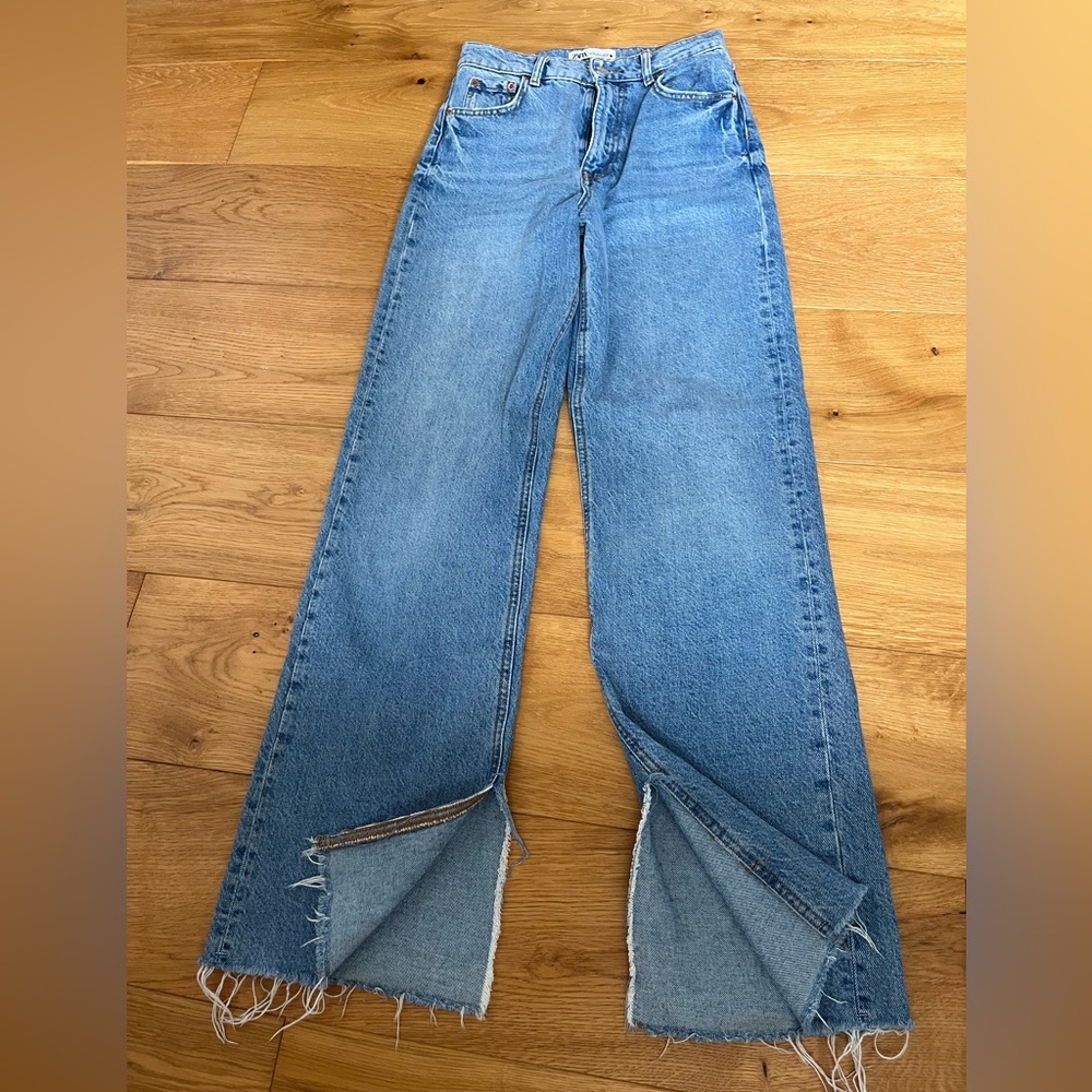 Zara Blue Flare Wide-Leg Jeans with Split Hem